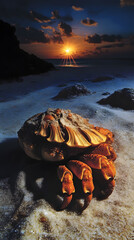 A hermit crab, its shell is white and has orange legs walking along the sandy beach
