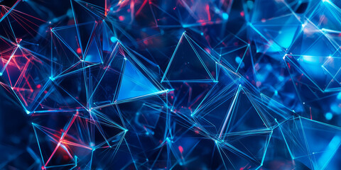 A visually captivating abstract background with dynamic, glowing triangular formations suspended in a deep cybernetic void. The neon reflections and precise geometry create a mesmerizing high-tech