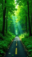 Obraz premium Asphalt ribbon cuts through dense green canopy , high, route, canopy