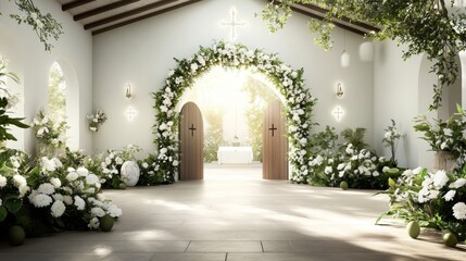 Fototapeta premium Serene Interior of a Flower Adorned Wedding Chapel with Natural Light