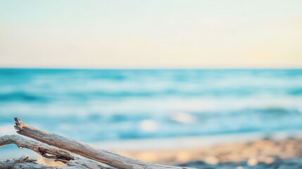Obraz premium Close-up of driftwood on the shore with calm waves in the background, minimalist and natural beach composition
