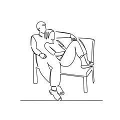 One continuous single drawing line art flat doodle sitting, bench, outdoors, togetherness, adult, two people, love - emotion. Isolated image hand draw contour on a white background, hand drawn, not AI