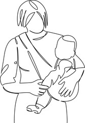 One continuous single drawing line art flat doodle mother, child, family, care, woman, togetherness, baby carrier. Isolated image hand draw contour on a white background, hand drawn, not AI