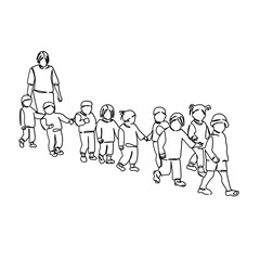 One continuous single drawing line art flat doodle child, teacher, education, childhood, student, woman, friendship, group. Isolated image hand draw contour on a white background, hand drawn, not AI