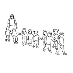 One continuous single drawing line art flat doodle child, teacher, education, childhood, student, woman, friendship, group. Isolated image hand draw contour on a white background, hand drawn, not AI