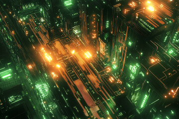 Fototapeta premium Futuristic abstract circuit board design with glowing pathways, pulsing energy lines, high-tech microchip structures, and intricate light effects. Sci-fi cyber technology theme, ultra-detailed.