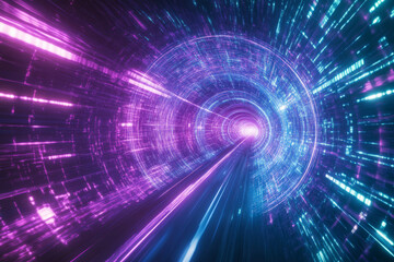 Obraz premium A futuristic digital wave composed of glowing blue and magenta data streams, forming an intricate pattern of cybernetic energy. The high-tech abstract background features luminous particle trails,