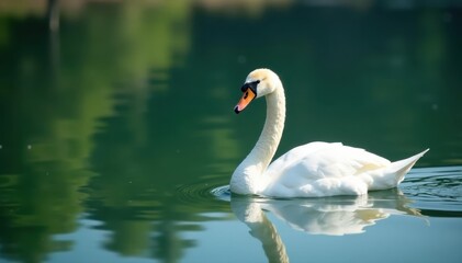 Fototapeta premium Graceful white swan glides on calm lake water, lake, serenity