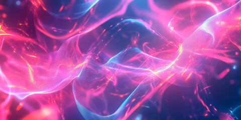 Obraz premium A mesmerizing abstract background with softly flowing neon ribbons seamlessly merging into a futuristic cybernetic grid. The high-tech luminescence and fluid motion evoke an advanced digital aesthetic