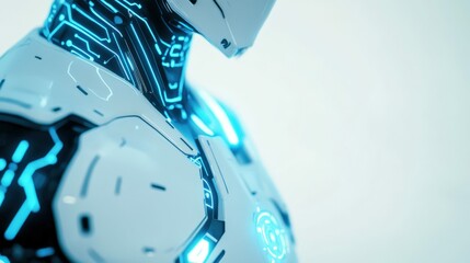 Close-up of a figure in a cybernetic suit with intricate mechanical details and glowing blue accents, illuminated by soft futuristic lighting,