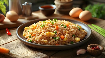 Delicious fried rice with vegetables and eggs served on a rustic wooden table in a cozy kitchen