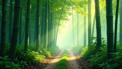 Obraz premium Misty morning, bamboo stalks frame a quiet path, morning, dew