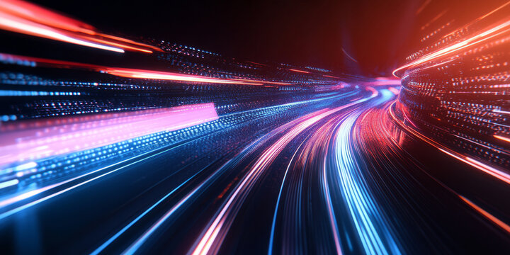 A sleek and futuristic abstract background featuring cascading luminous arcs, forming a dynamic web of digital energy. The radiant streaks of light crisscross and overlap, evoking a