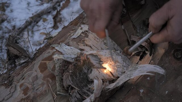 Starting a Fire with a Ferro Rod in Winter, Close-up of hands using a ferro rod to ignite birch bark tinder in a snowy outdoor setting. The scene reflects survival, bushcraft skills.