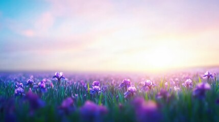 Fototapeta premium Field of blooming irises in shades of purple and blue, serene and vibrant natural setting with soft sunlight