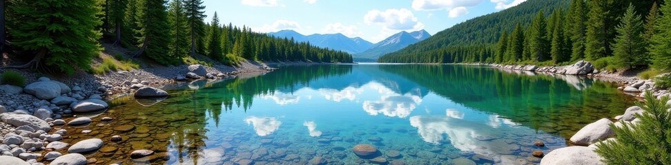 Naklejka premium Crystal clear Muskoka lake, rocky shoreline, pine trees , tourism, vacation