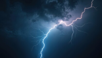 Powerful lightning strikes in night sky, illuminating dark storm clouds. Electric bolts symbolize energy, power, danger. Thunderstorm with rain. Dramatic weather. Use for backgrounds, banners,