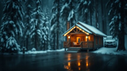 Fototapeta premium Cozy wooden cabin in a snowy forest, illuminated by warm lights, creating a serene winter atmosphere.
