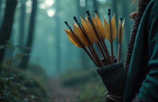 Mystical shadowy forest background with warrior holding quiver full of arrows. Medieval hunter with wooden arrows in nature. Traditional archery sport equipment. Ancient culture hunting and survival.