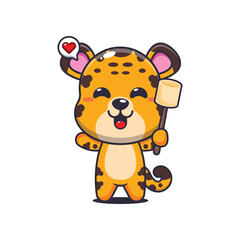 Leopard cartoon vector illustration eating marshmallow