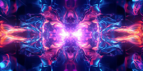 Obraz premium A high-tech abstract background featuring luminous, flowing neon energy waves dynamically expanding in a futuristic digital network. The seamless reflections and glowing cybernetic motion create an