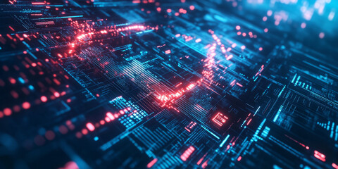 Fototapeta premium A glowing futuristic AI-powered quantum finance system, displaying cybernetic predictive analytics grids, pulsating holographic stock market intelligence pathways, and swirling digital risk assessment