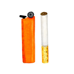 Set of orange lighter and cigarette. White classic with yellow filter. Painted with grandma's watercolor. Smoking is bad. Smoking area. For posters and protest design, for ecology and healthy lifestyl