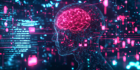 Fototapeta premium A futuristic AI-powered neural simulation platform, featuring glowing cybernetic brain mapping pathways, pulsating holographic cognitive pattern analysis grids, and swirling quantum-enhanced deep