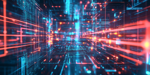 Obraz premium A futuristic AI-driven edge computing system, featuring glowing cybernetic real-time processing nodes, pulsating holographic decentralized data networks, and swirling quantum-enhanced information