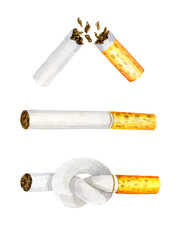 Set of three cigarettes, elements, Cigarette tied in a knot, White classic with yellow filter, broken cigarette. Drawn by grandma with watercolors. Smoking is bad. Motivation to quit smoking. For post
