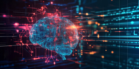 Obraz premium A futuristic AI-driven digital twin simulation, displaying glowing cybernetic real-time predictive modeling pathways, pulsating holographic urban planning grids, and swirling quantum-enhanced