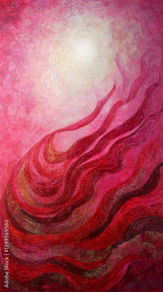 Poster red and pink abstract painting with swirling patterns and bright center, evocative of movement and e