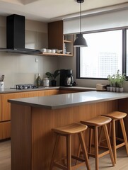 A modern kitchen featuring a minimalist design and bar stools