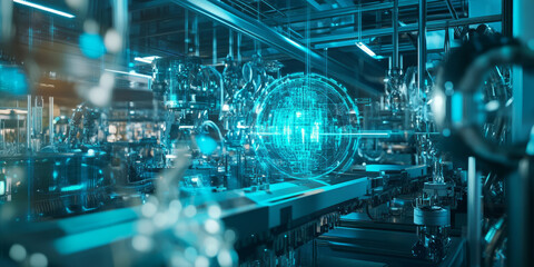 A futuristic AI-powered zero-gravity manufacturing station, featuring glowing cybernetic real-time automated assembly pathways, pulsating holographic material optimization grids, and swirling