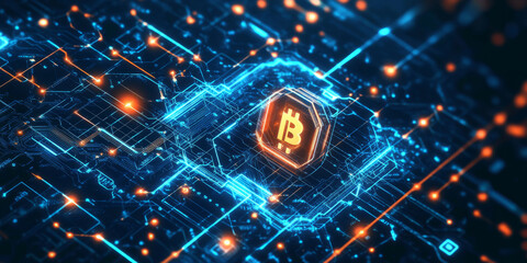 Obraz premium A glowing futuristic representation of AI-powered cybersecurity defense, featuring cybernetic encryption nodes, pulsating blockchain security pathways, and swirling holographic quantum firewalls. The