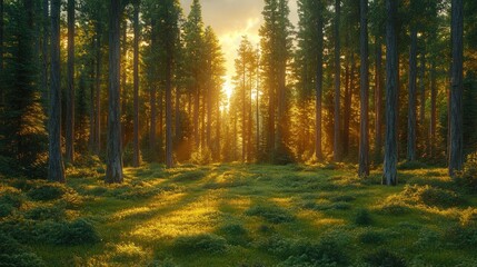 Fototapeta premium Golden Sunset in a Coniferous Forest