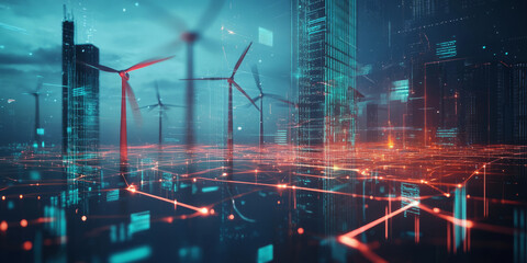 Obraz premium A mesmerizing futuristic AI-driven renewable energy grid, featuring glowing cybernetic solar panel connections, pulsating holographic wind turbine networks, and swirling digital sustainability