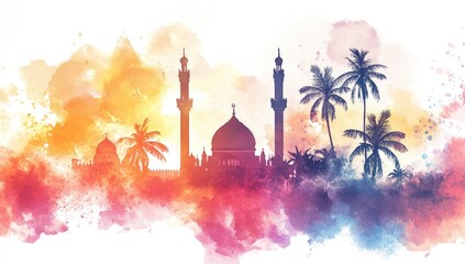 Watercolor silhouette of a mosque and palm trees, vibrant splashes on a white background, artistic illustration for banner design and Islamic decor