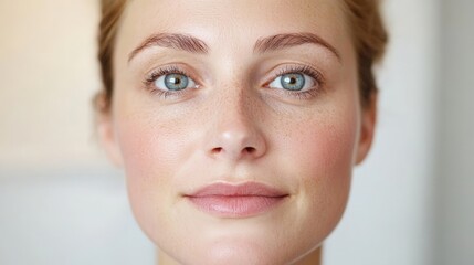 A close-up portrait of a young woman with a natural makeup look, glowing skin and freckles