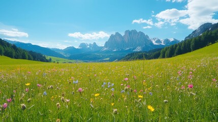 Fototapeta premium Field of wildflowers in vivid colors, stretching across an alpine valley with majestic mountains in the background, illuminated by warm natural tones,