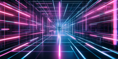 A surreal abstract background with infinite layers of interconnected neon grid lines forming a futuristic digital matrix. The high-tech symmetry and softly glowing reflections create a visually