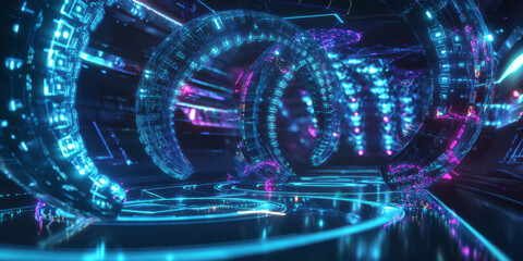 Obraz premium A mesmerizing futuristic AI-driven bioengineered food lab, displaying glowing cybernetic synthetic protein production pathways, pulsating holographic nutrition optimization grids, and swirling quantum