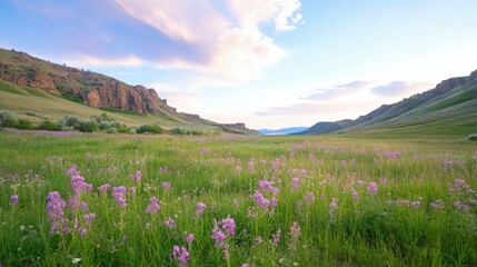 Obraz premium Mountain valley covered in blooming wildflowers, surrounded by dramatic cliffs and illuminated by warm evening light,