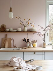 A modern kitchen features pink decor and floral arrangement