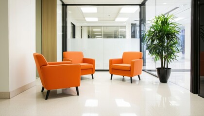 Minimalist office design with orange armchairs, warm wood accents, and natural lighting highlighting a sophisticated, professional ambiance