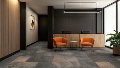 Minimalist office design with orange armchairs, warm wood accents, and natural lighting highlighting a sophisticated, professional ambiance