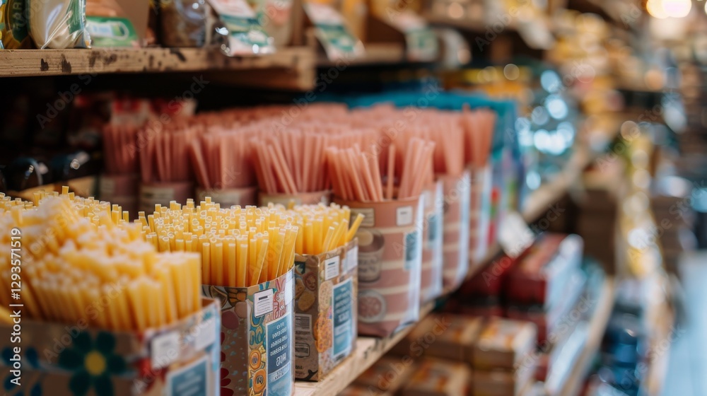 Poster brightly colored pasta shapes and varieties are neatly arranged in containers on wooden shelves insi