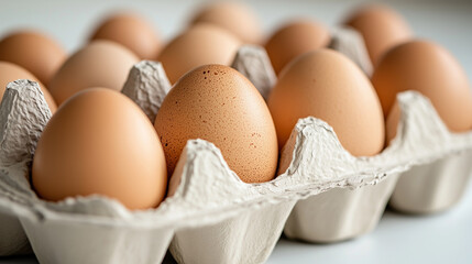 A carton filled with eggs placed on a white background, creating a somewhat chaotic visual effect.