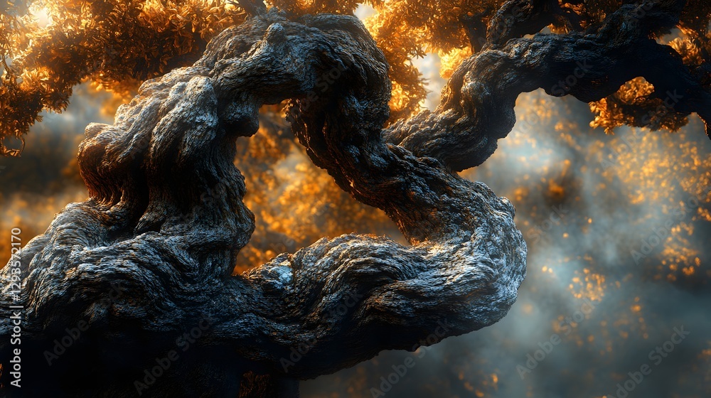 Poster a majestic old tree, its gnarled branches reaching towards the sky. golden sunlight filters through 