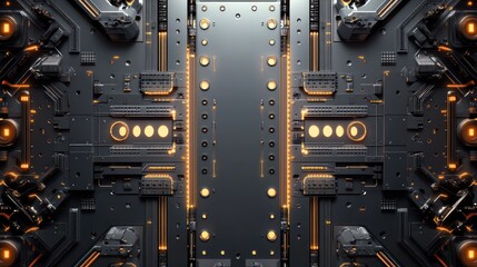 Fototapeta premium Futuristic circuit board panel, symmetrical design, technological background, possible use in tech advertisement